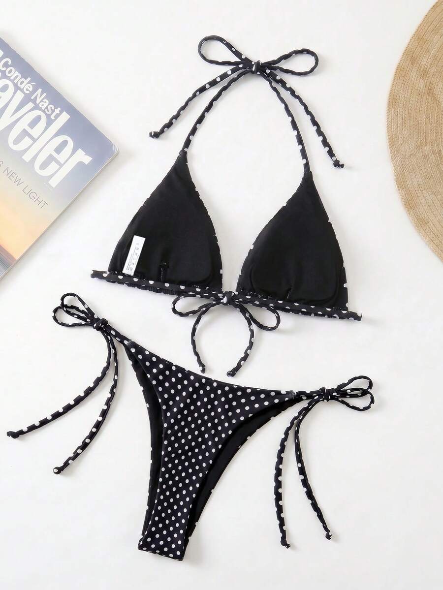Apricot plain halter triangle bikini swimwear set with tie back top and low waist tie side thong bottom for women