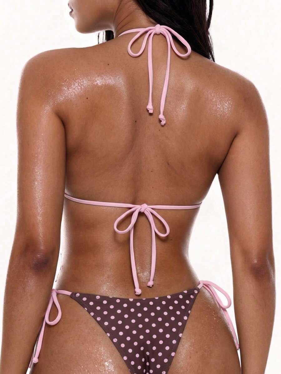 Apricot plain halter triangle bikini swimwear set with tie back top and low waist tie side thong bottom for women