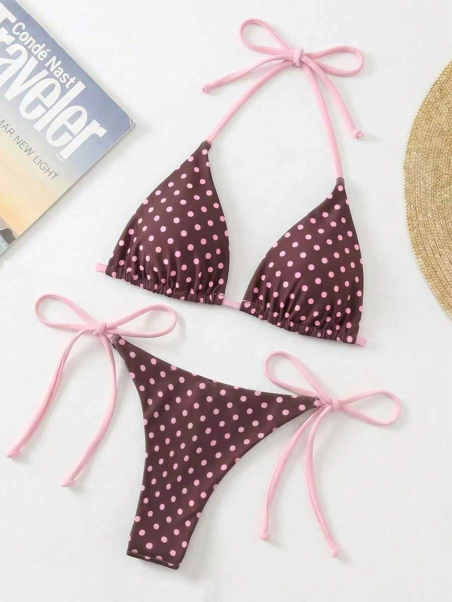 Apricot plain halter triangle bikini swimwear set with tie back top and low waist tie side thong bottom for women