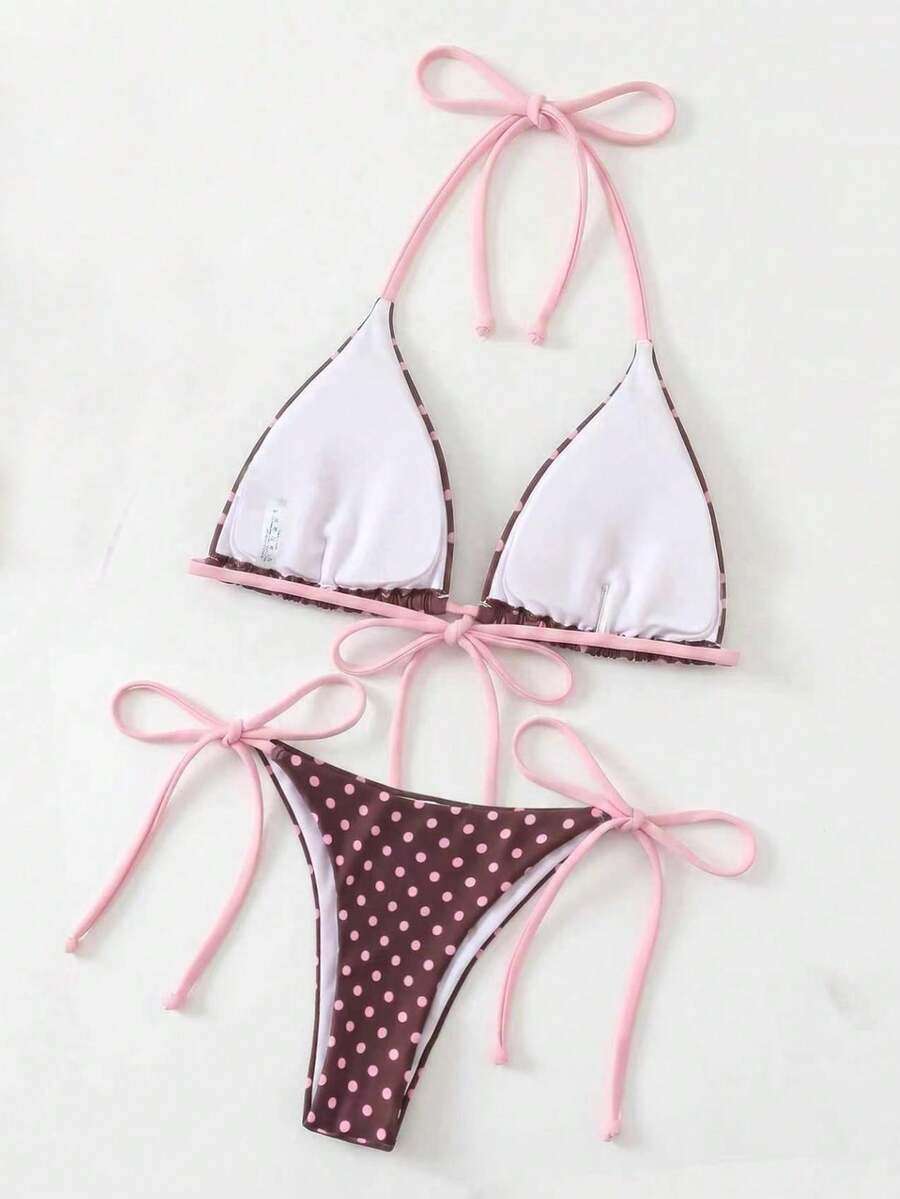 Apricot plain halter triangle bikini swimwear set with tie back top and low waist tie side thong bottom for women