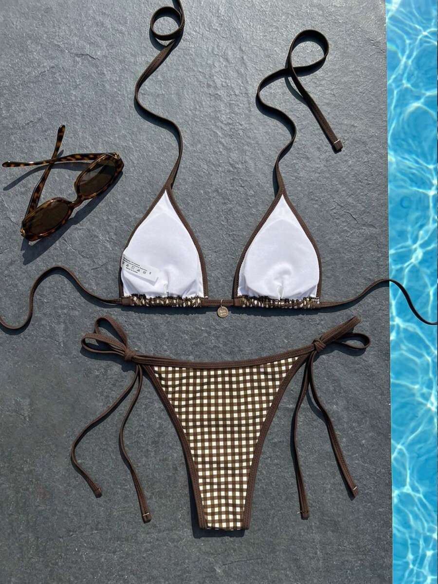 Women's high waist 2-piece triangle bikini set featuring colorblock trim, halter neckline, wireless bra with removable padding, and tie-side bottoms.