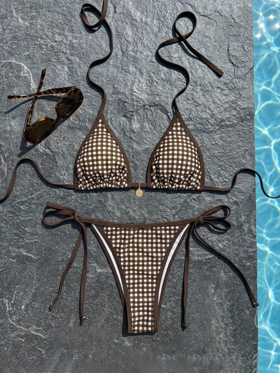 Women's high waist 2-piece triangle bikini set featuring colorblock trim, halter neckline, wireless bra with removable padding, and tie-side bottoms.