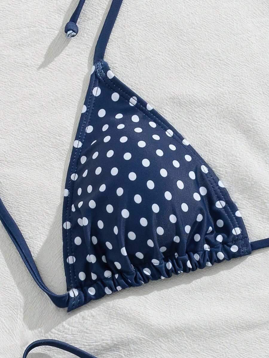 Women's 2-piece halter bikini set featuring geometric print, triangle cups with removable padding, and side tie bikini bottoms
