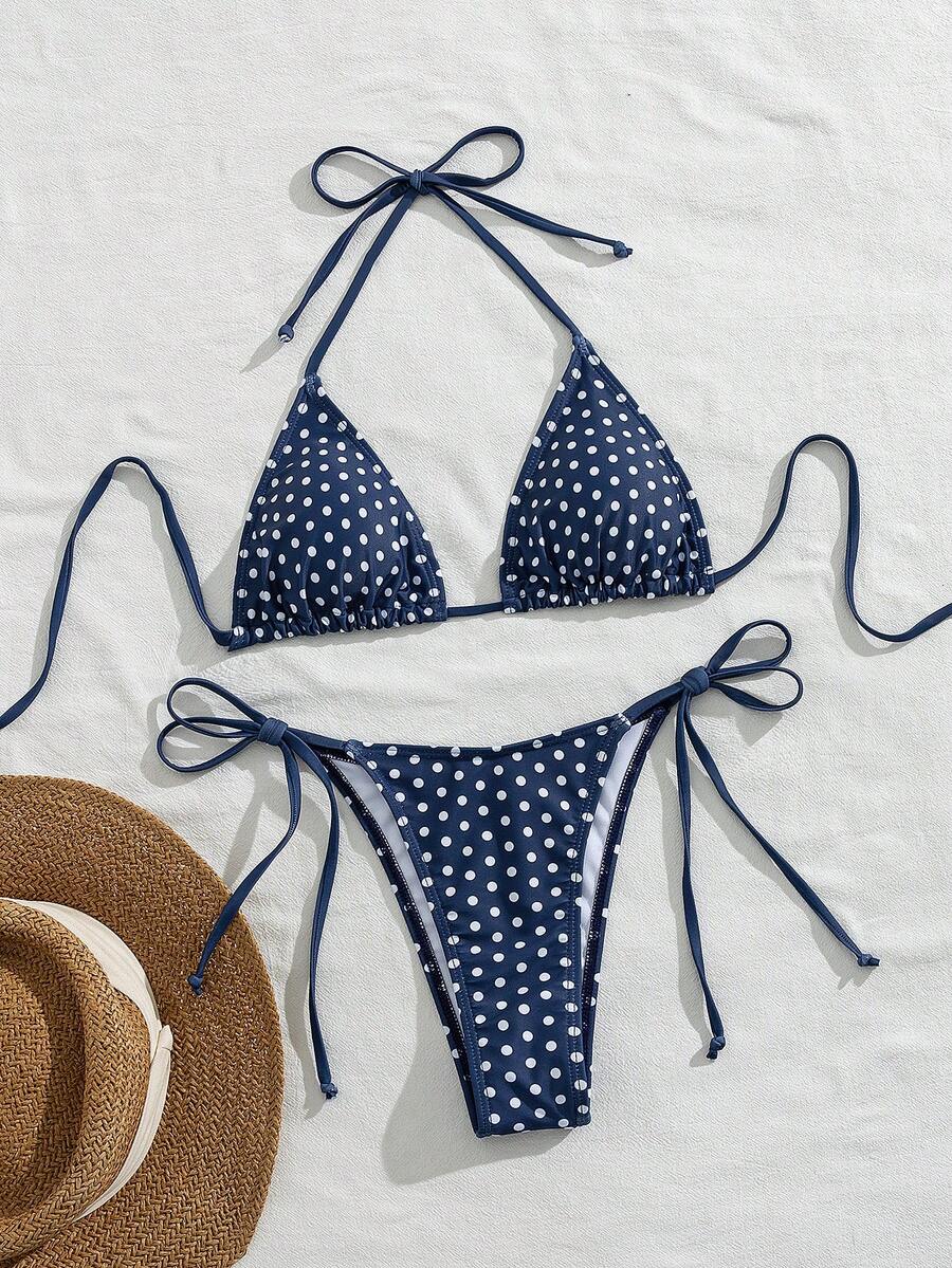 Women's 2-piece halter bikini set featuring geometric print, triangle cups with removable padding, and side tie bikini bottoms