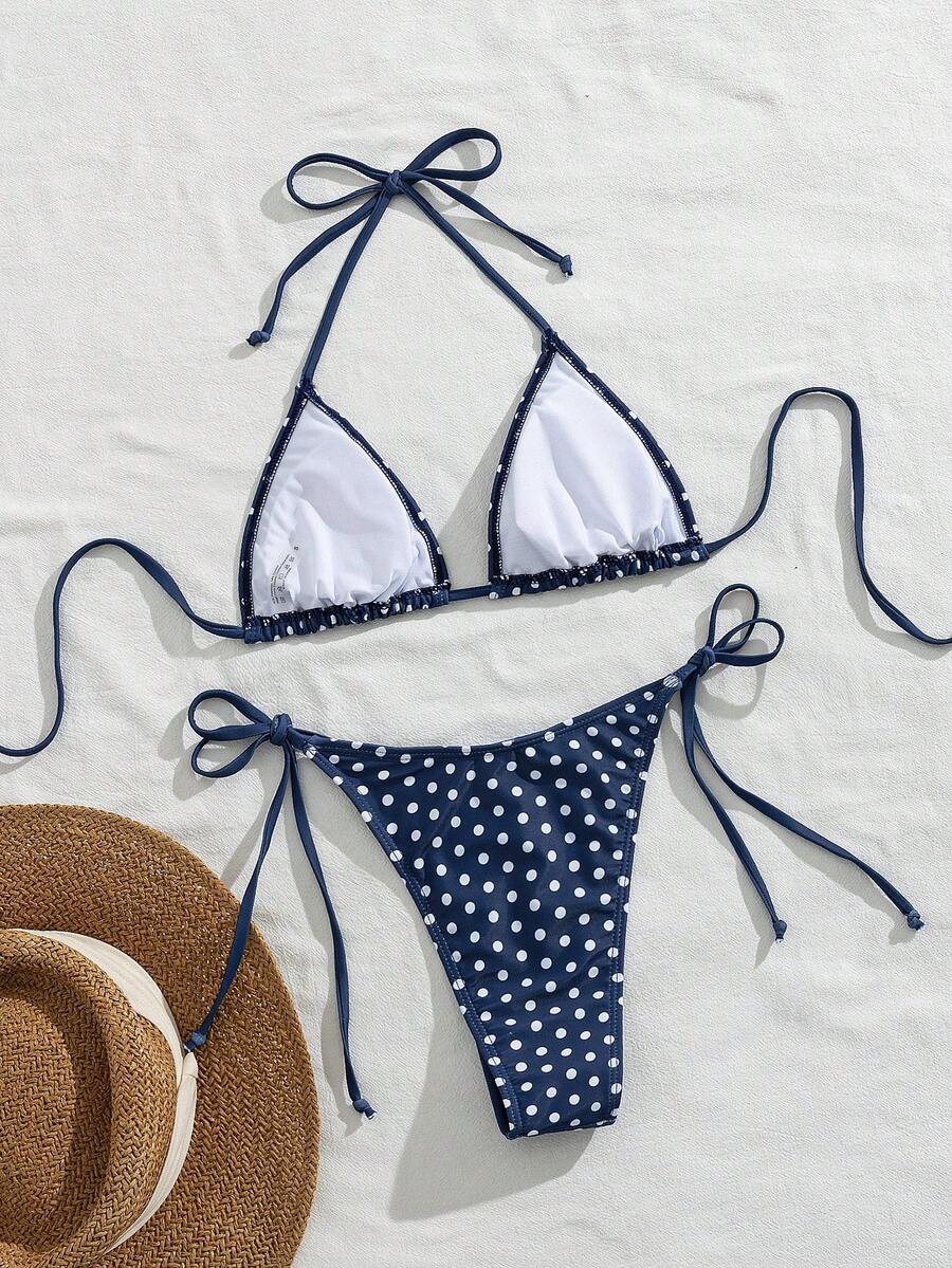 Women's 2-piece halter bikini set featuring geometric print, triangle cups with removable padding, and side tie bikini bottoms