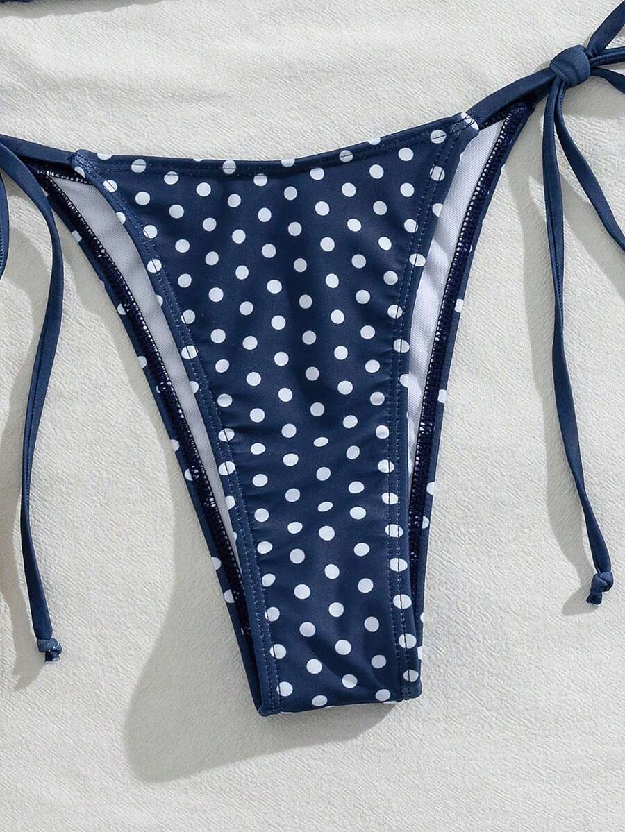 Women's 2-piece halter bikini set featuring geometric print, triangle cups with removable padding, and side tie bikini bottoms
