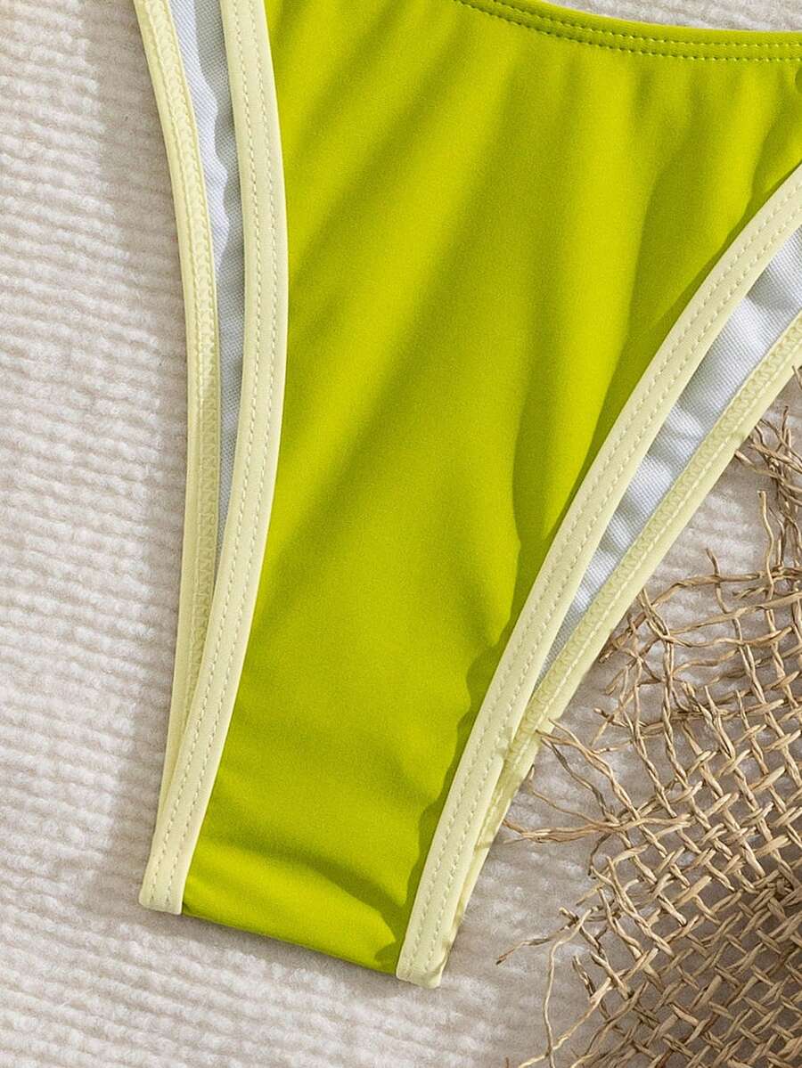 Women's two-piece halter triangle bikini set featuring a backless tie-back top with removable padding and matching tie-side mid-waist bottoms.