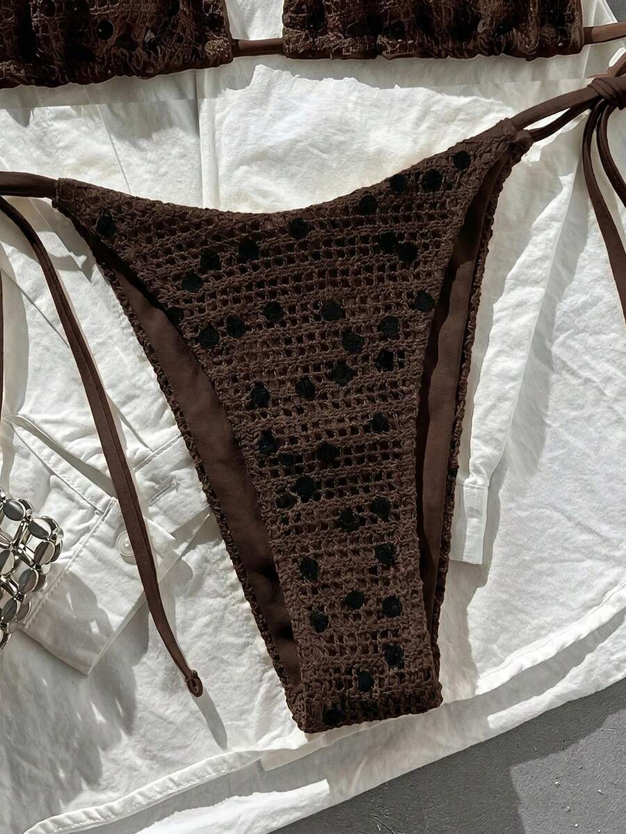 Women's sequin textured halter triangle bikini top and high-waist side tie bikini bottom swimsuit set