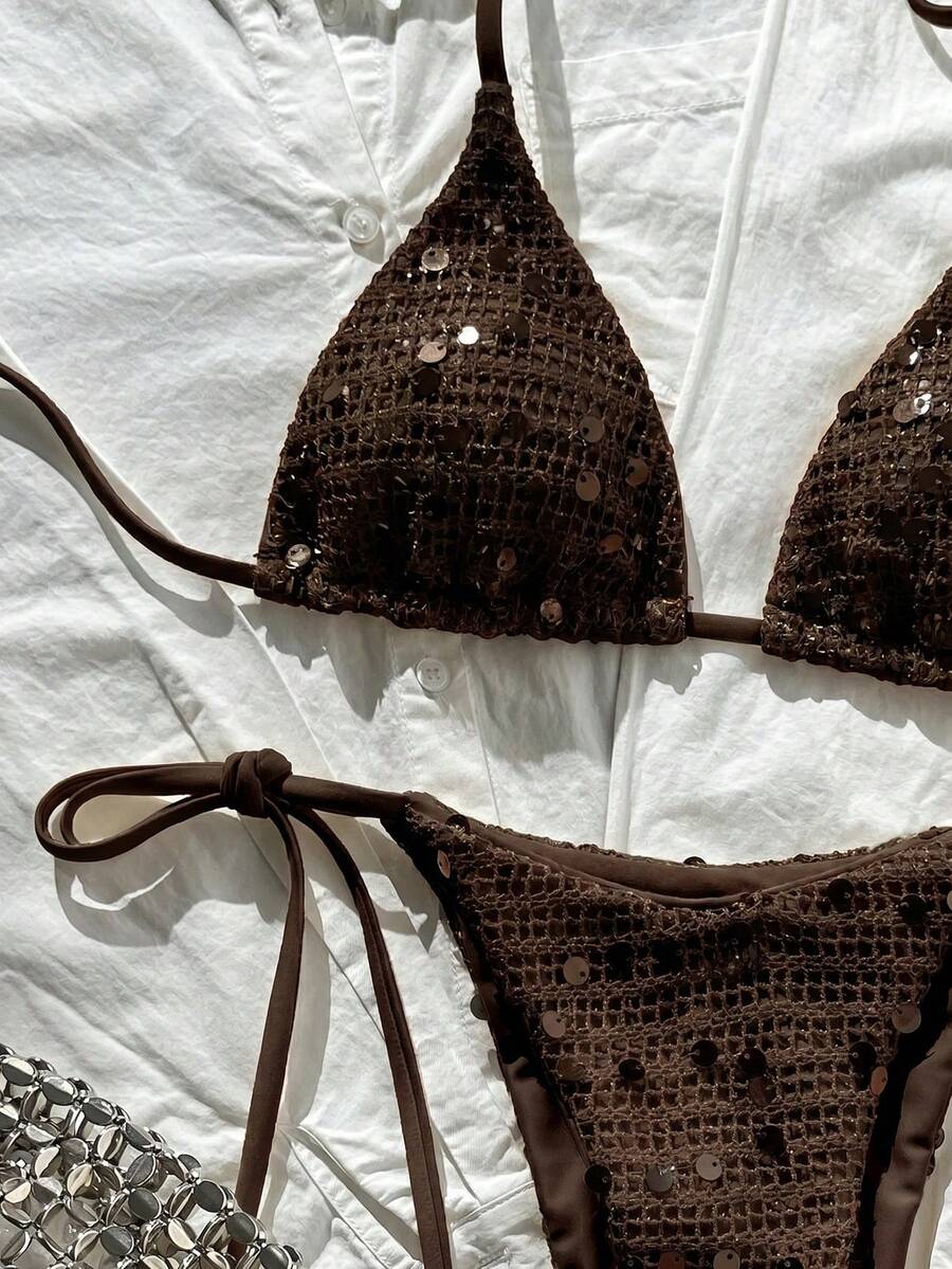 Women's sequin textured halter triangle bikini top and high-waist side tie bikini bottom swimsuit set