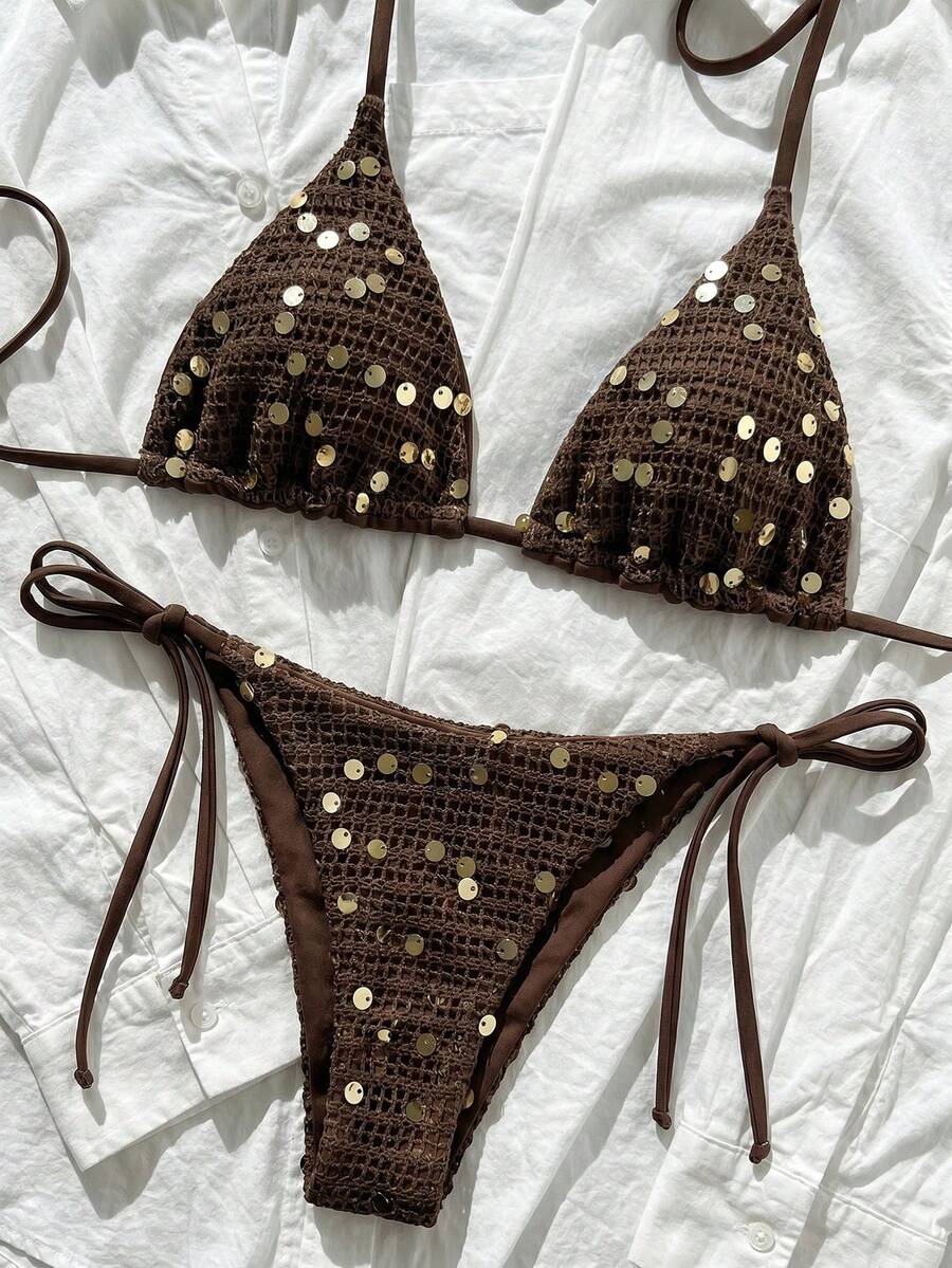 Women's sequin textured halter triangle bikini top and high-waist side tie bikini bottom swimsuit set