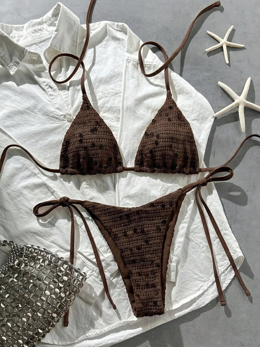 Women's sequin textured halter triangle bikini top and high-waist side tie bikini bottom swimsuit set
