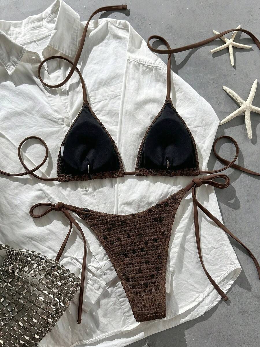 Women's sequin textured halter triangle bikini top and high-waist side tie bikini bottom swimsuit set