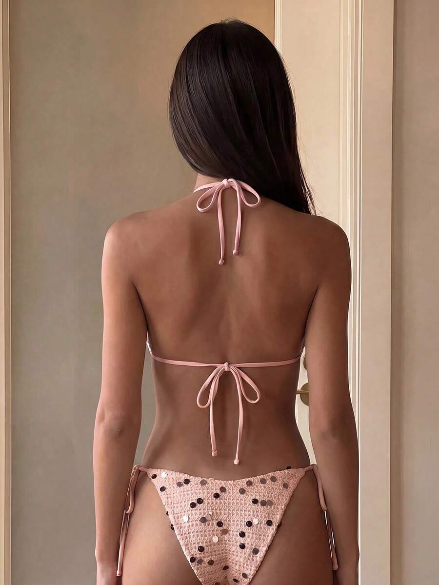Women's sequin textured halter triangle bikini top and high-waist side tie bikini bottom swimsuit set