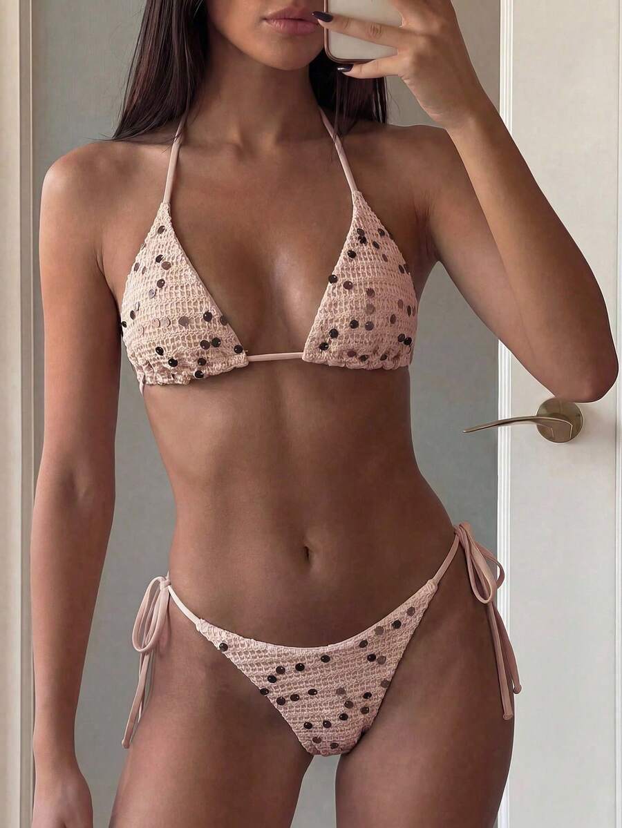 Women's sequin textured halter triangle bikini top and high-waist side tie bikini bottom swimsuit set