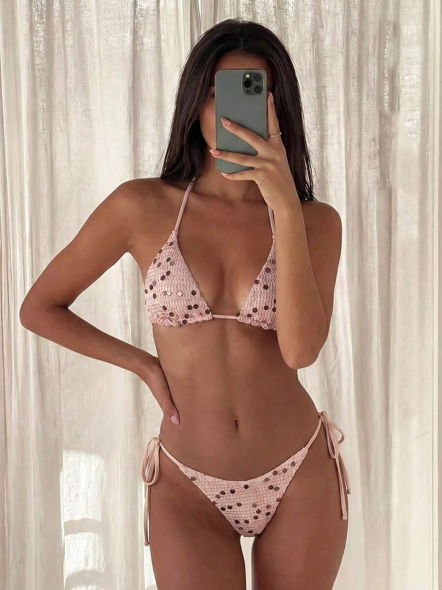 Women's sequin textured halter triangle bikini top and high-waist side tie bikini bottom swimsuit set