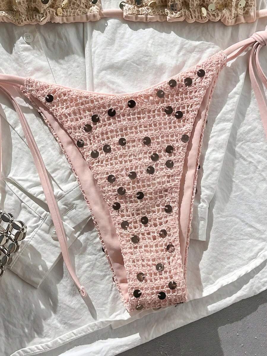 Women's sequin textured halter triangle bikini top and high-waist side tie bikini bottom swimsuit set