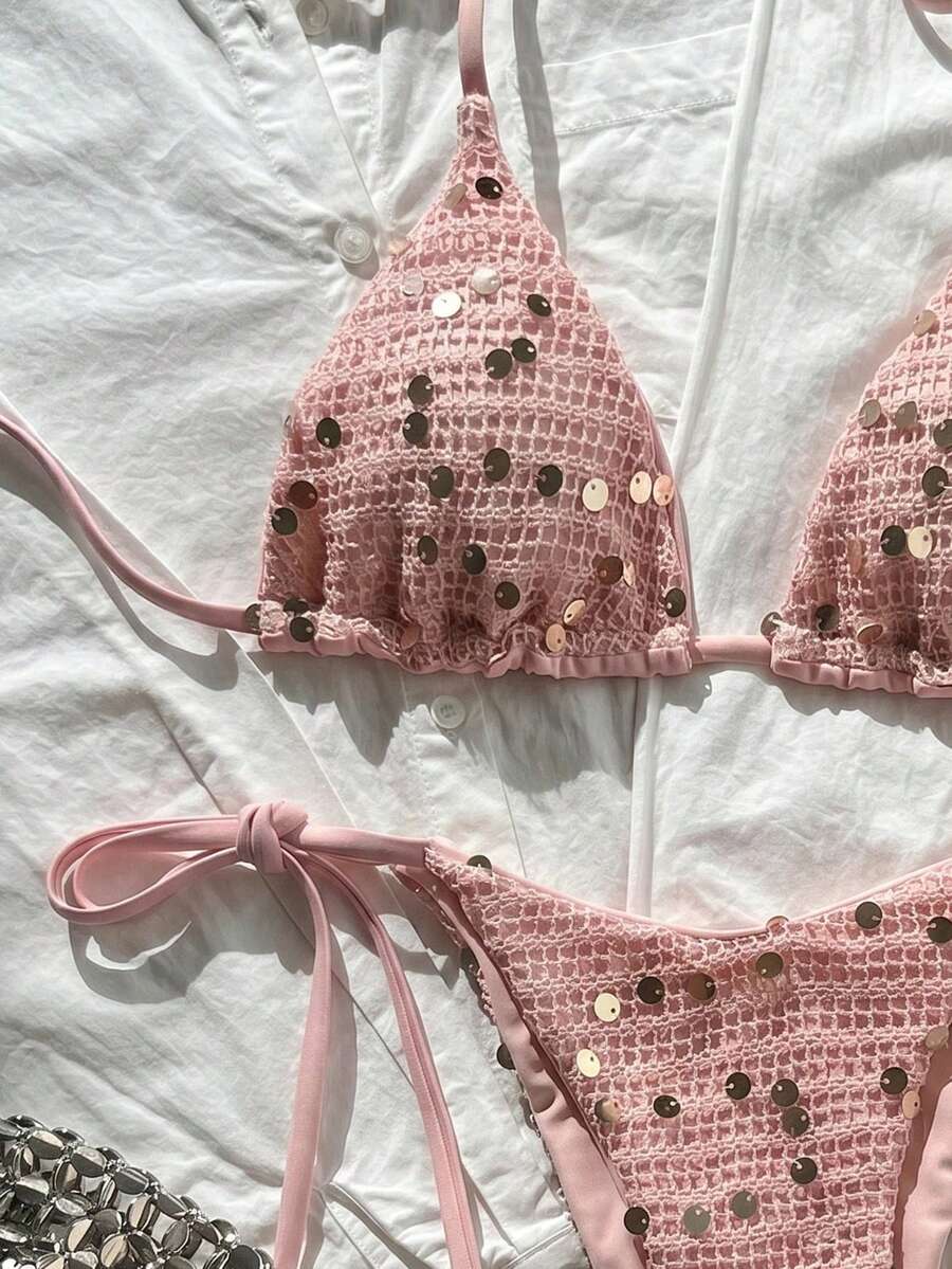 Women's sequin textured halter triangle bikini top and high-waist side tie bikini bottom swimsuit set