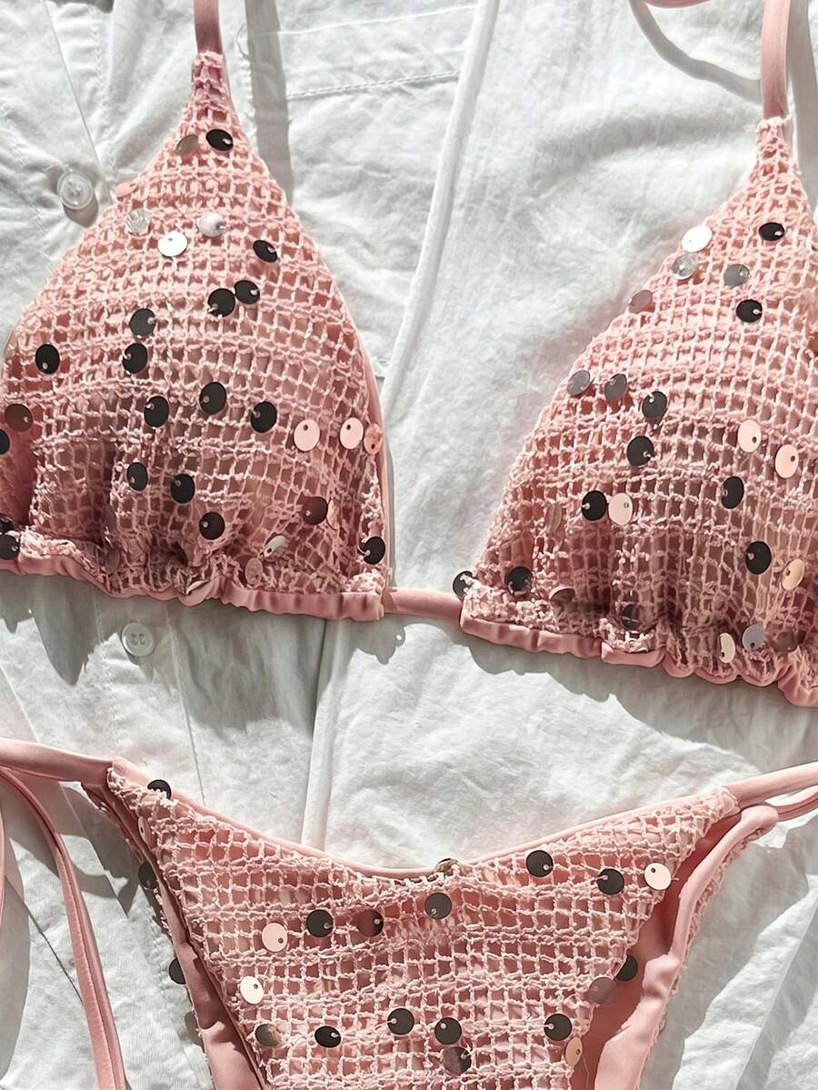 Women's sequin textured halter triangle bikini top and high-waist side tie bikini bottom swimsuit set