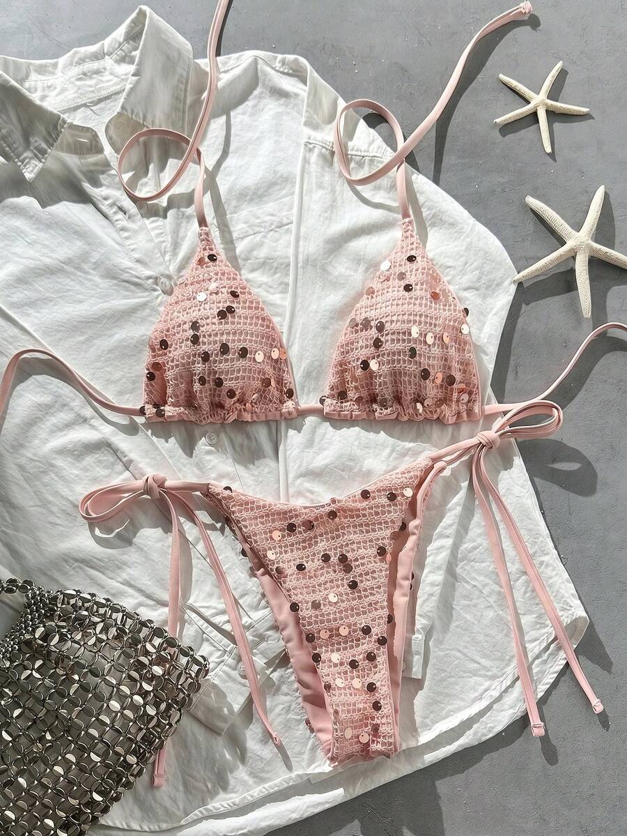 Women's sequin textured halter triangle bikini top and high-waist side tie bikini bottom swimsuit set