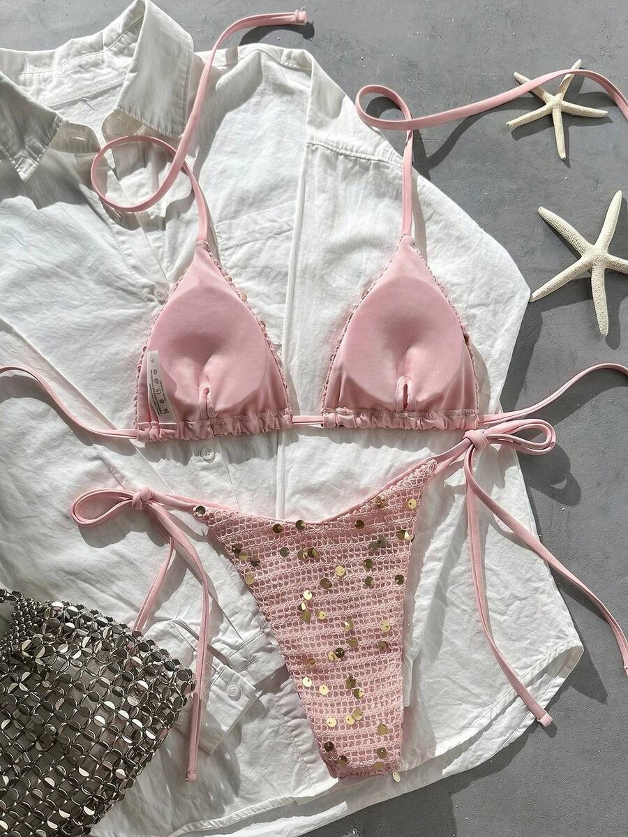 Women's sequin textured halter triangle bikini top and high-waist side tie bikini bottom swimsuit set