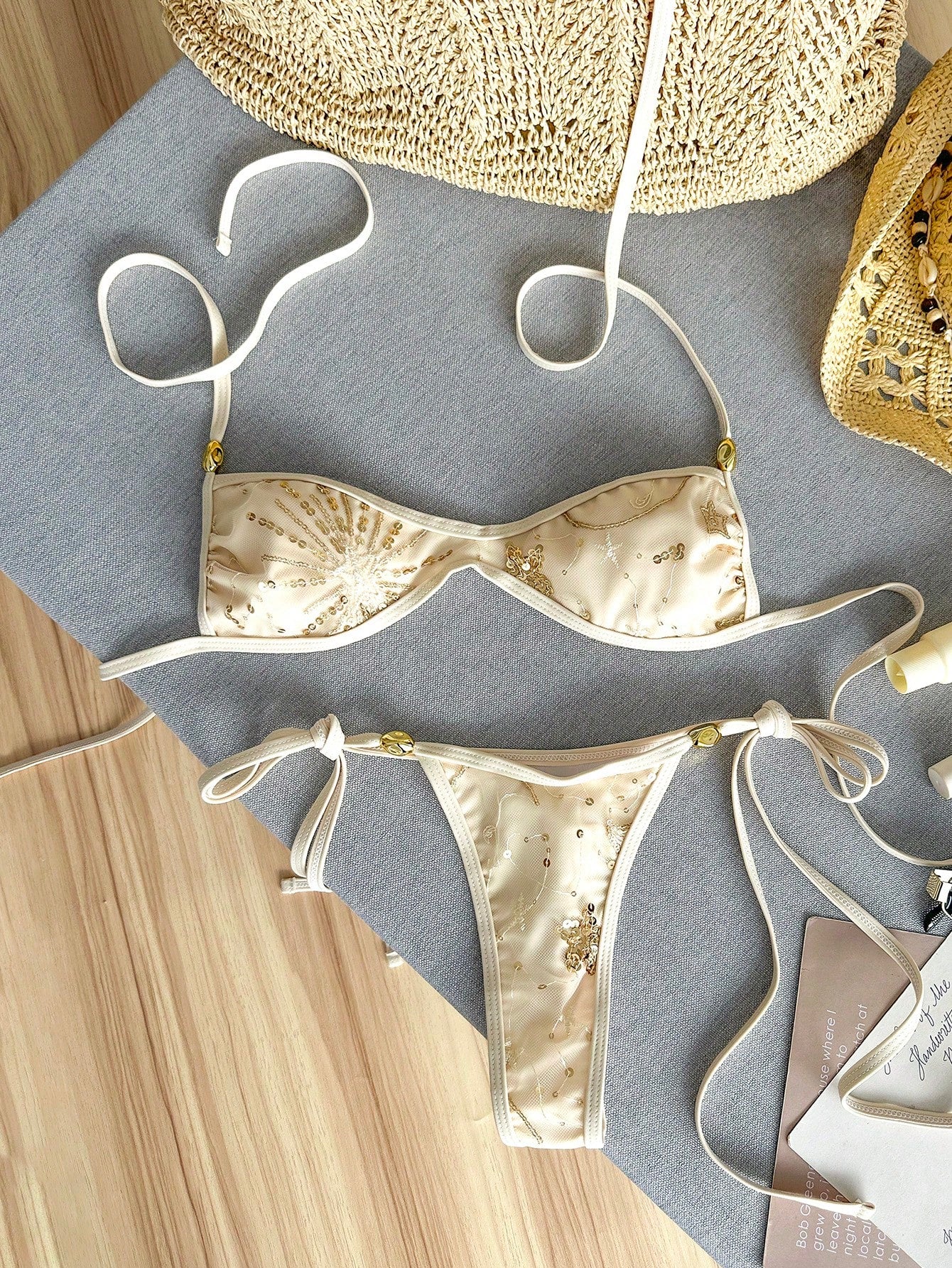 Apricot 2-piece sequin textured halter bikini set featuring a wireless top with lace-up backless ties and matching low-waist side-tie thong bottoms.
