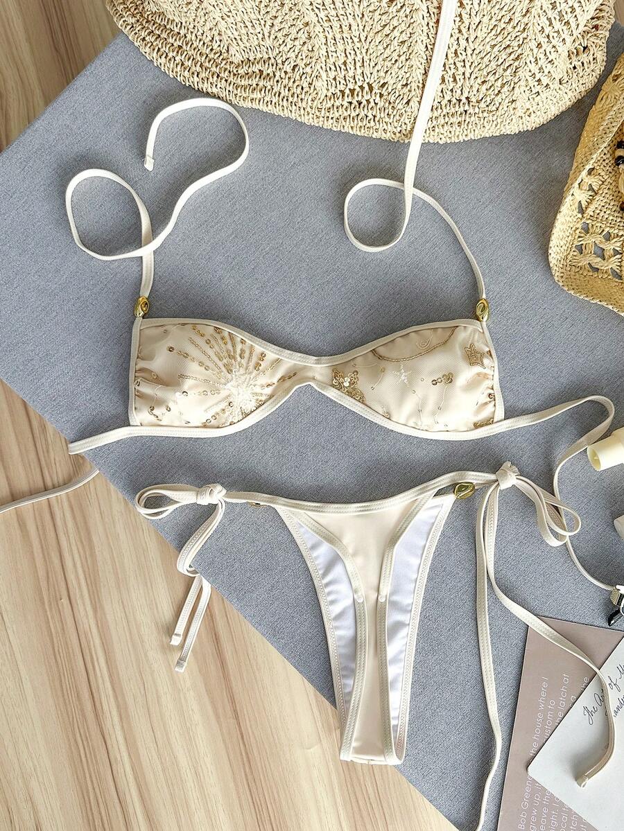 Apricot 2-piece sequin textured halter bikini set featuring a wireless top with lace-up backless ties and matching low-waist side-tie thong bottoms.