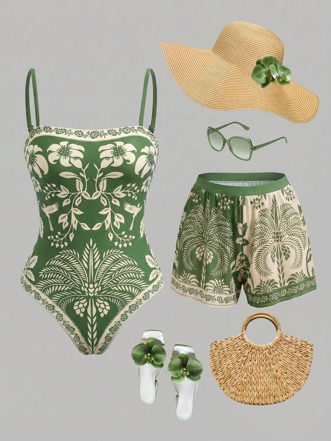 Swim Oasis women's tropical palm tree print army green one-piece swimsuit featuring spaghetti straps, removable padding, and matching shorts for beach vacations.