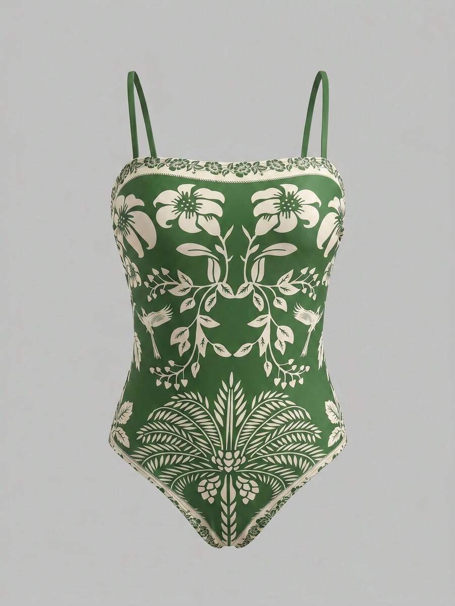 Swim Oasis women's tropical palm tree print army green one-piece swimsuit featuring spaghetti straps, removable padding, and matching shorts for beach vacations.