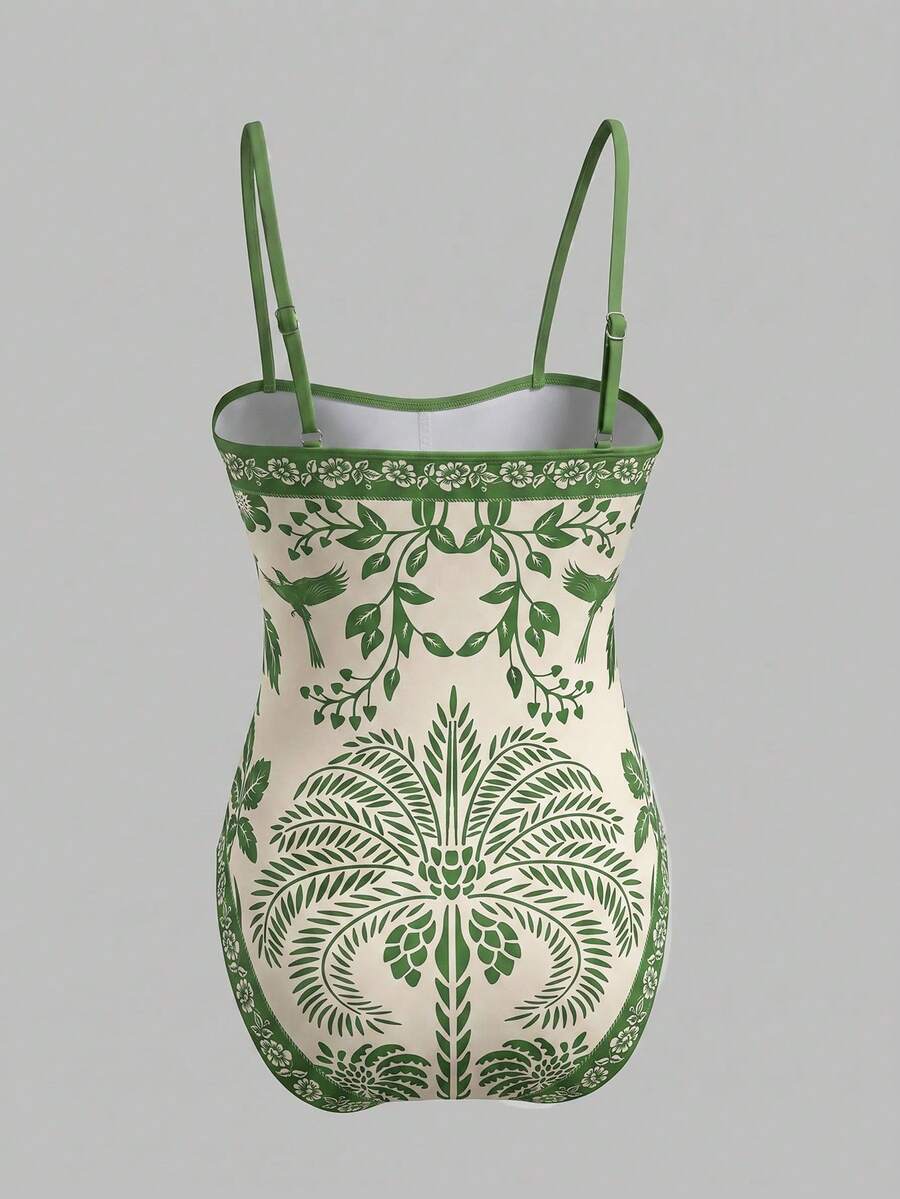 Swim Oasis women's tropical palm tree print army green one-piece swimsuit featuring spaghetti straps, removable padding, and matching shorts for beach vacations.