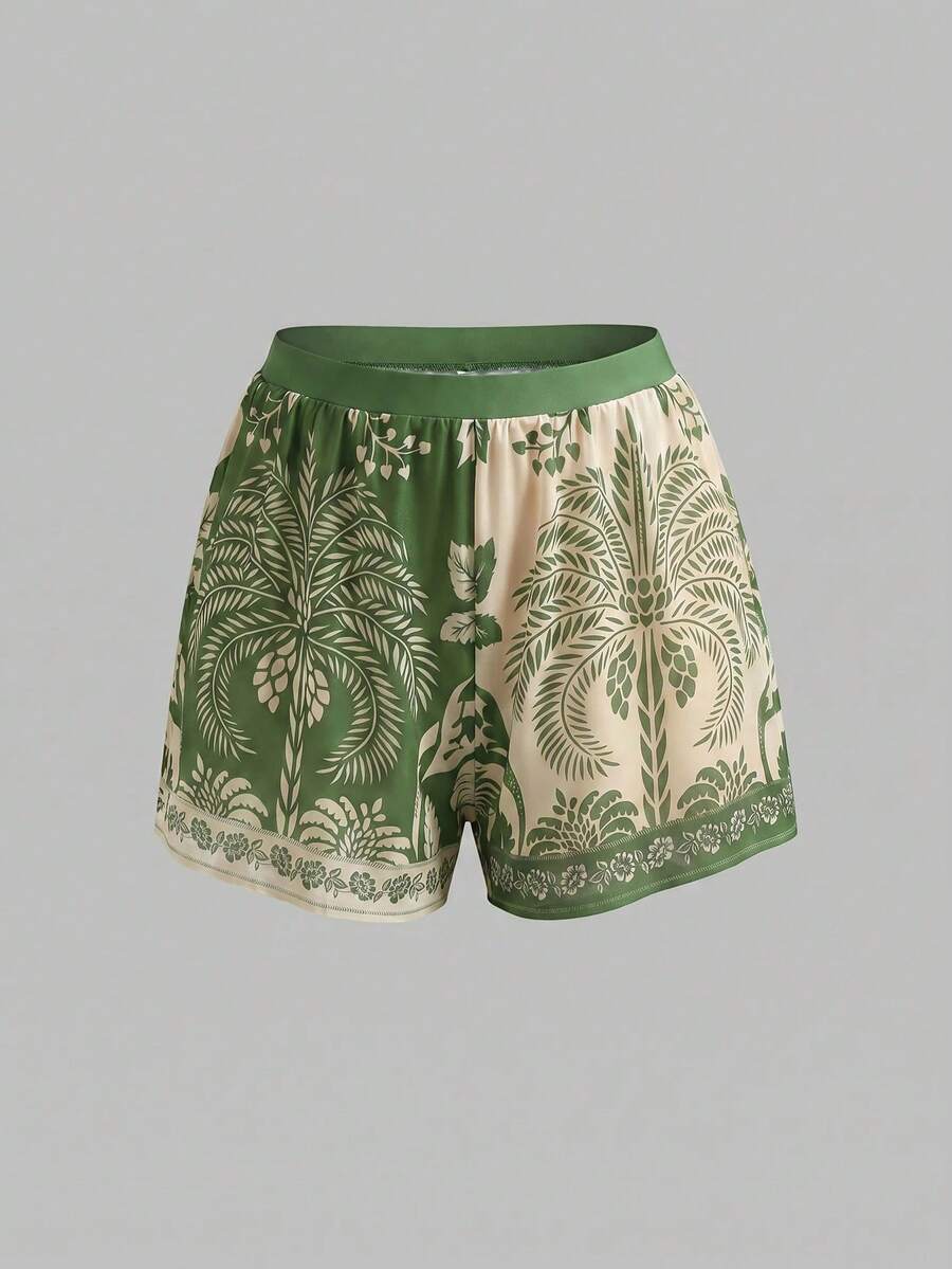 Swim Oasis women's tropical palm tree print army green one-piece swimsuit featuring spaghetti straps, removable padding, and matching shorts for beach vacations.