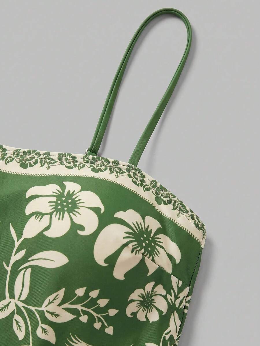 Swim Oasis women's tropical palm tree print army green one-piece swimsuit featuring spaghetti straps, removable padding, and matching shorts for beach vacations.