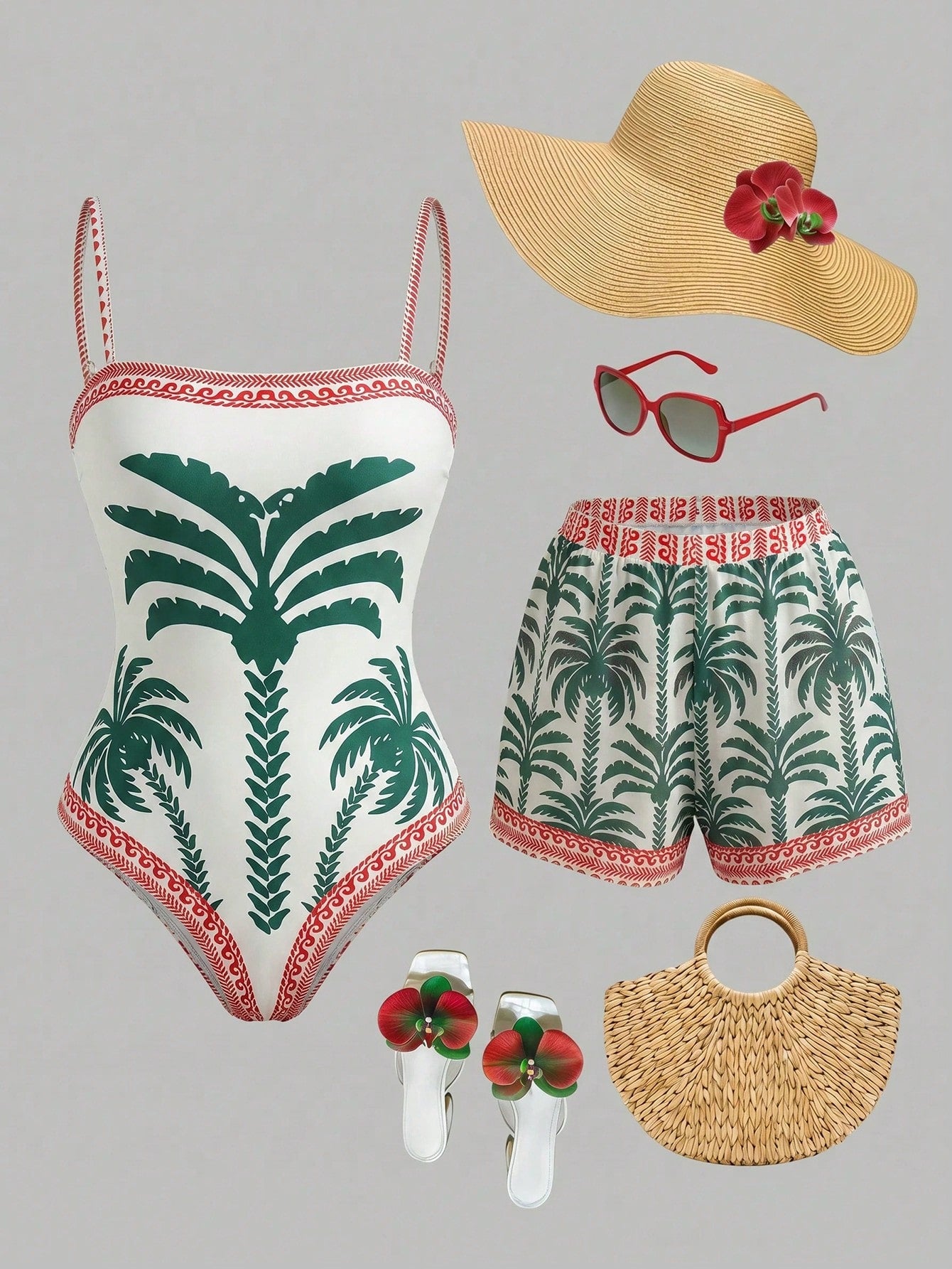 Swim Oasis women's tropical palm tree print army green one-piece swimsuit featuring spaghetti straps, removable padding, and matching shorts for beach vacations.