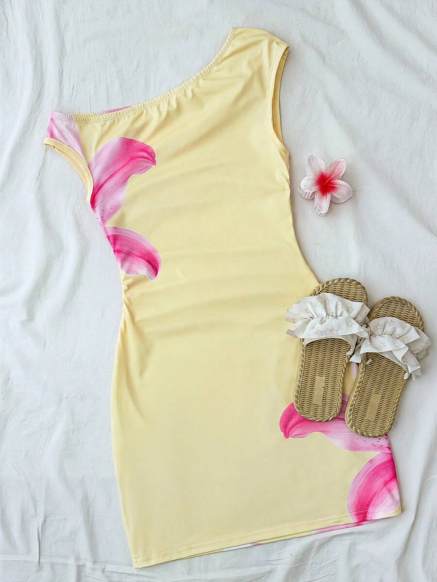 Yellow asymmetrical neck slim fit dress for tween girls with sleeveless design, plain textured knit fabric, natural waist, and pencil hem