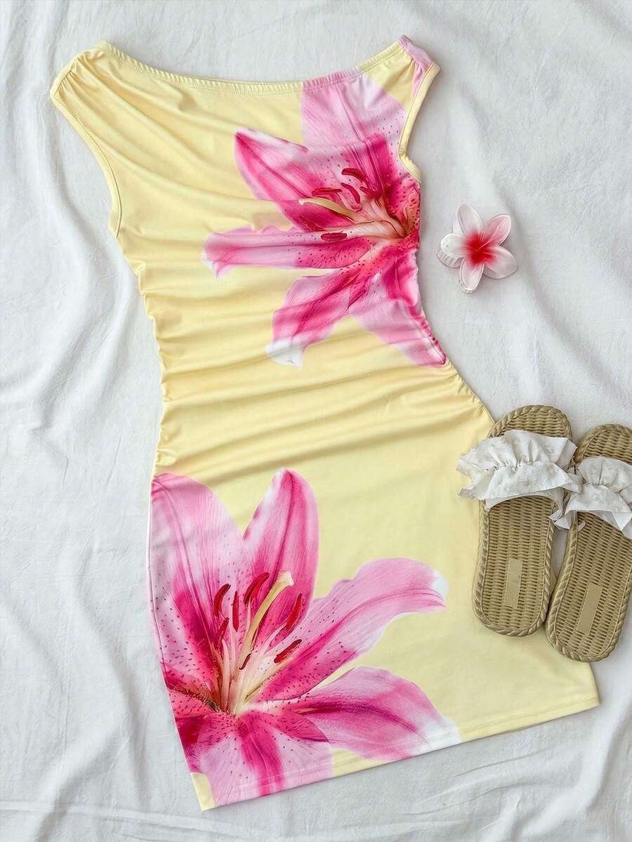 Yellow asymmetrical neck slim fit dress for tween girls with sleeveless design, plain textured knit fabric, natural waist, and pencil hem