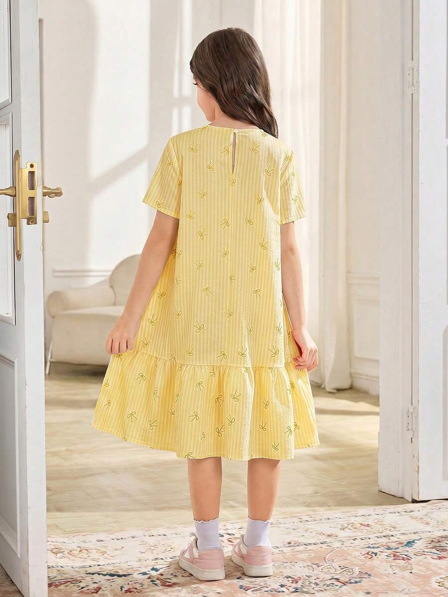 Tween girls casual black and white striped short sleeve smock dress with round neck and flounce hem