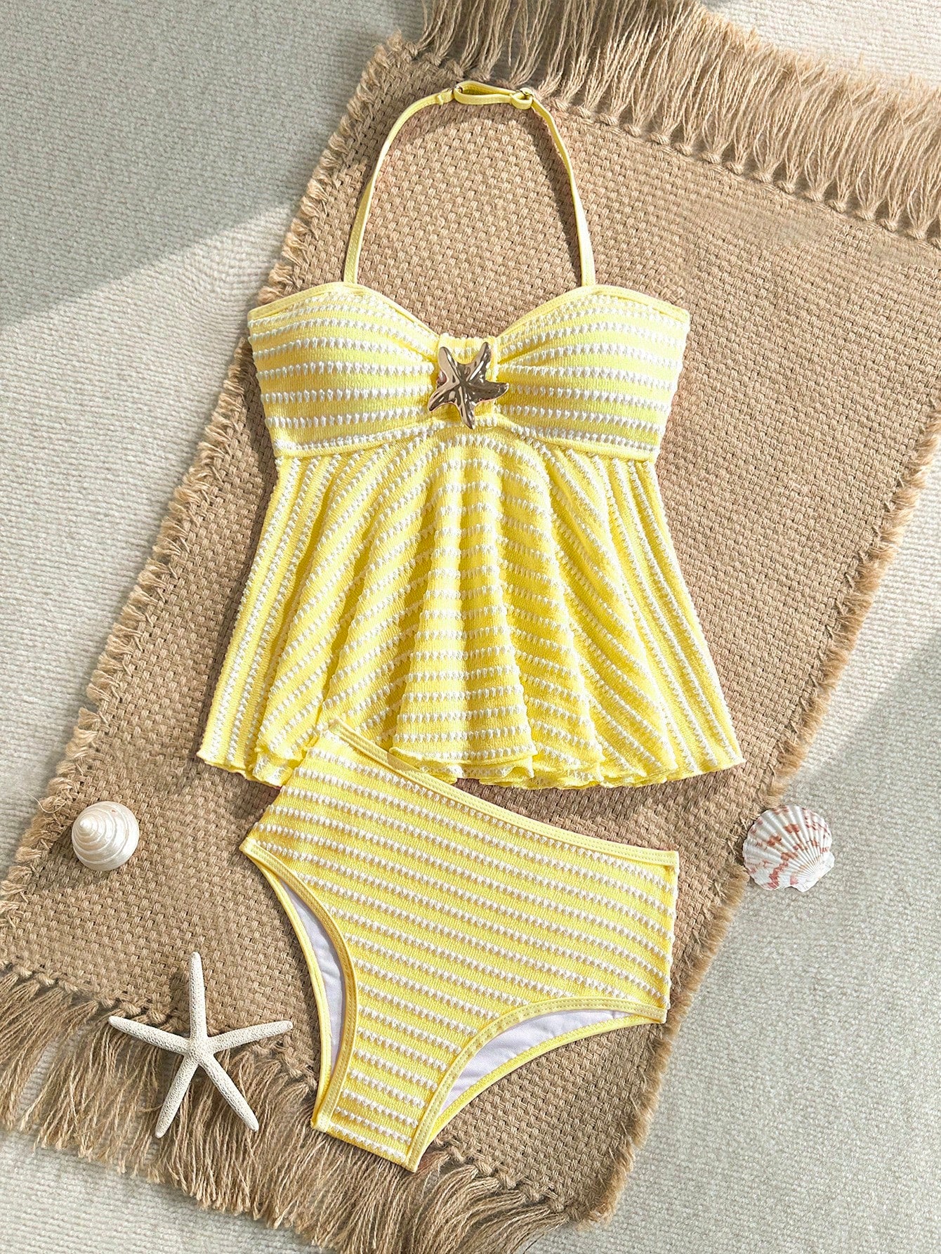 Tween Girl Tween Girl Textured Knit Apricot Halter Gold Shell Tankini Swimwear Set