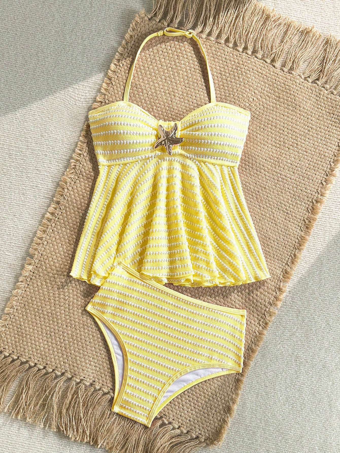 Tween Girl Tween Girl Textured Knit Apricot Halter Gold Shell Tankini Swimwear Set