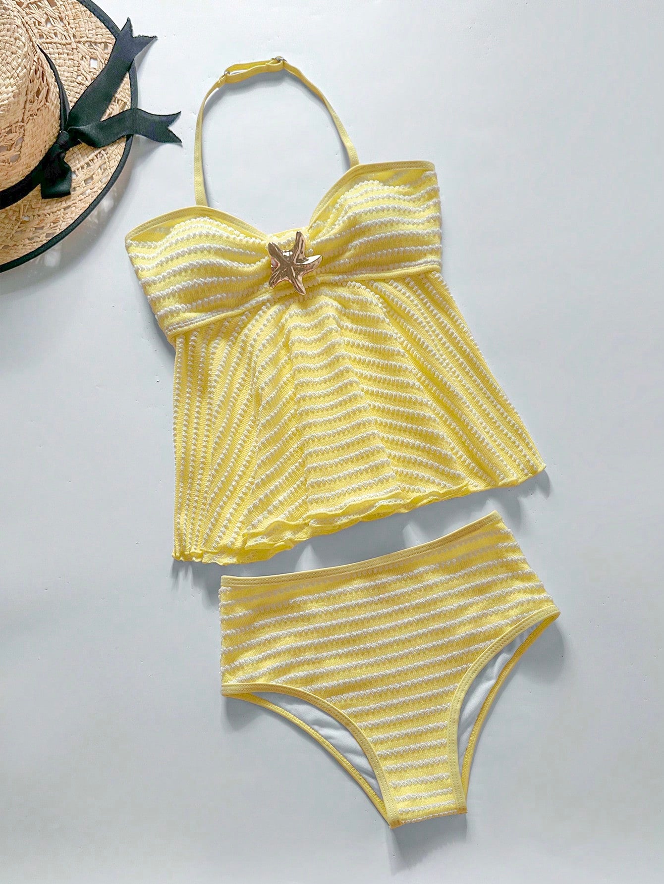 Tween Girl Tween Girl Textured Knit Apricot Halter Gold Shell Tankini Swimwear Set