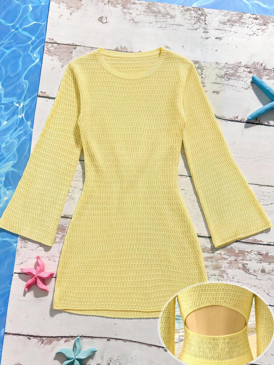 Tween girls semi-sheer long sleeve beach cover up dress with boat neckline and plain design for vacation swimwear layering.