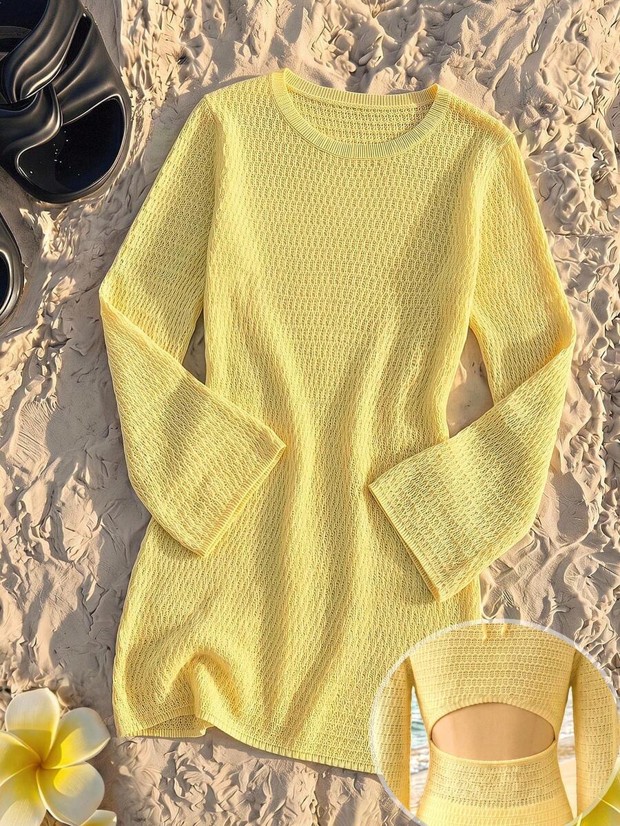 Tween girls semi-sheer long sleeve beach cover up dress with boat neckline and plain design for vacation swimwear layering.