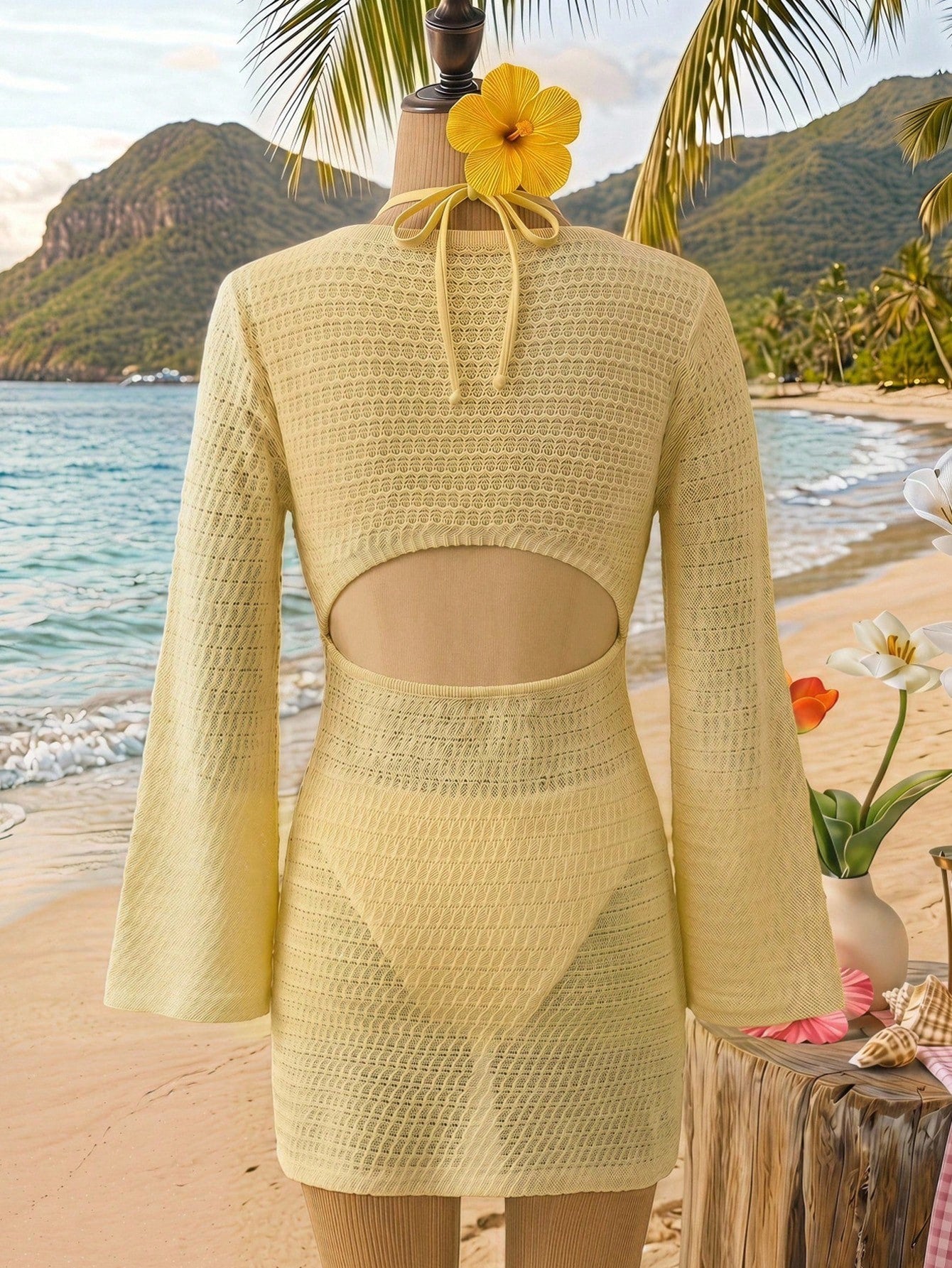 Tween girls semi-sheer long sleeve beach cover up dress with boat neckline and plain design for vacation swimwear layering.