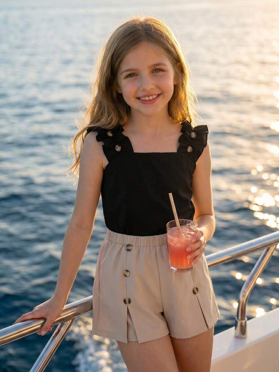 Apricot two-piece summer outfit for tween girls featuring a sleeveless pleated square-neck camisole top with button details and matching gathered shorts.