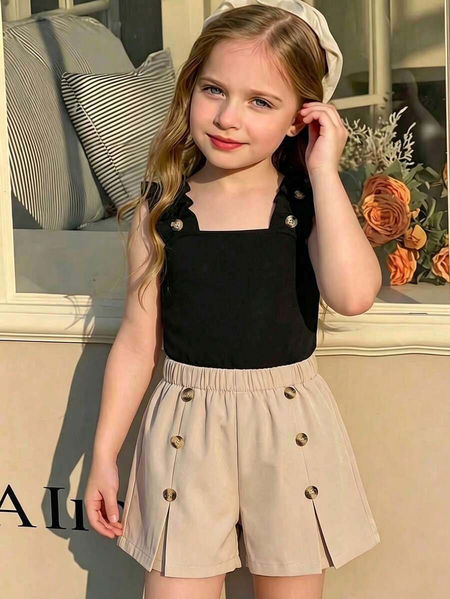 Apricot two-piece summer outfit for tween girls featuring a sleeveless pleated square-neck camisole top with button details and matching gathered shorts.