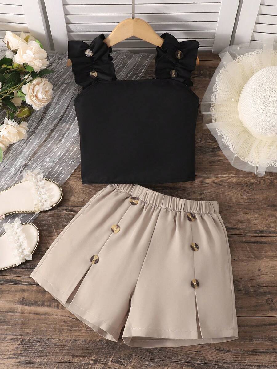 Apricot two-piece summer outfit for tween girls featuring a sleeveless pleated square-neck camisole top with button details and matching gathered shorts.