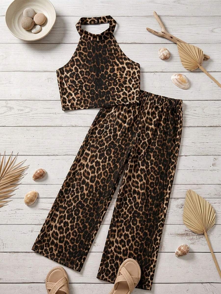 Tween girls casual apricot striped two-piece set featuring a sleeveless halter short top with curved hem and matching long pants.