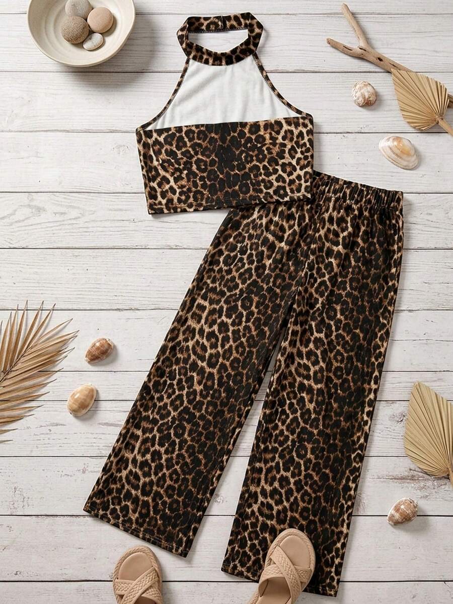 Tween girls casual apricot striped two-piece set featuring a sleeveless halter short top with curved hem and matching long pants.