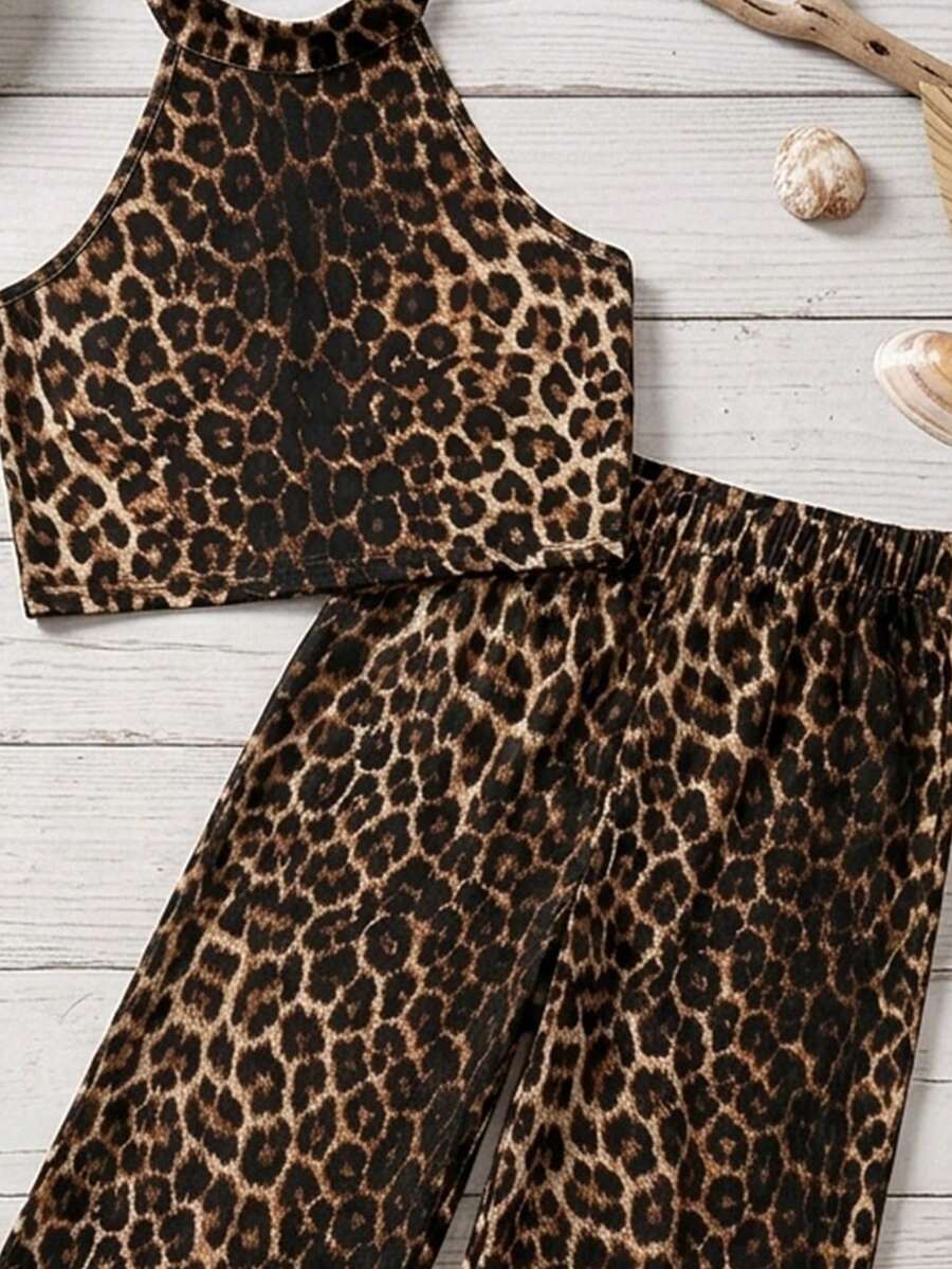 Tween girls casual apricot striped two-piece set featuring a sleeveless halter short top with curved hem and matching long pants.