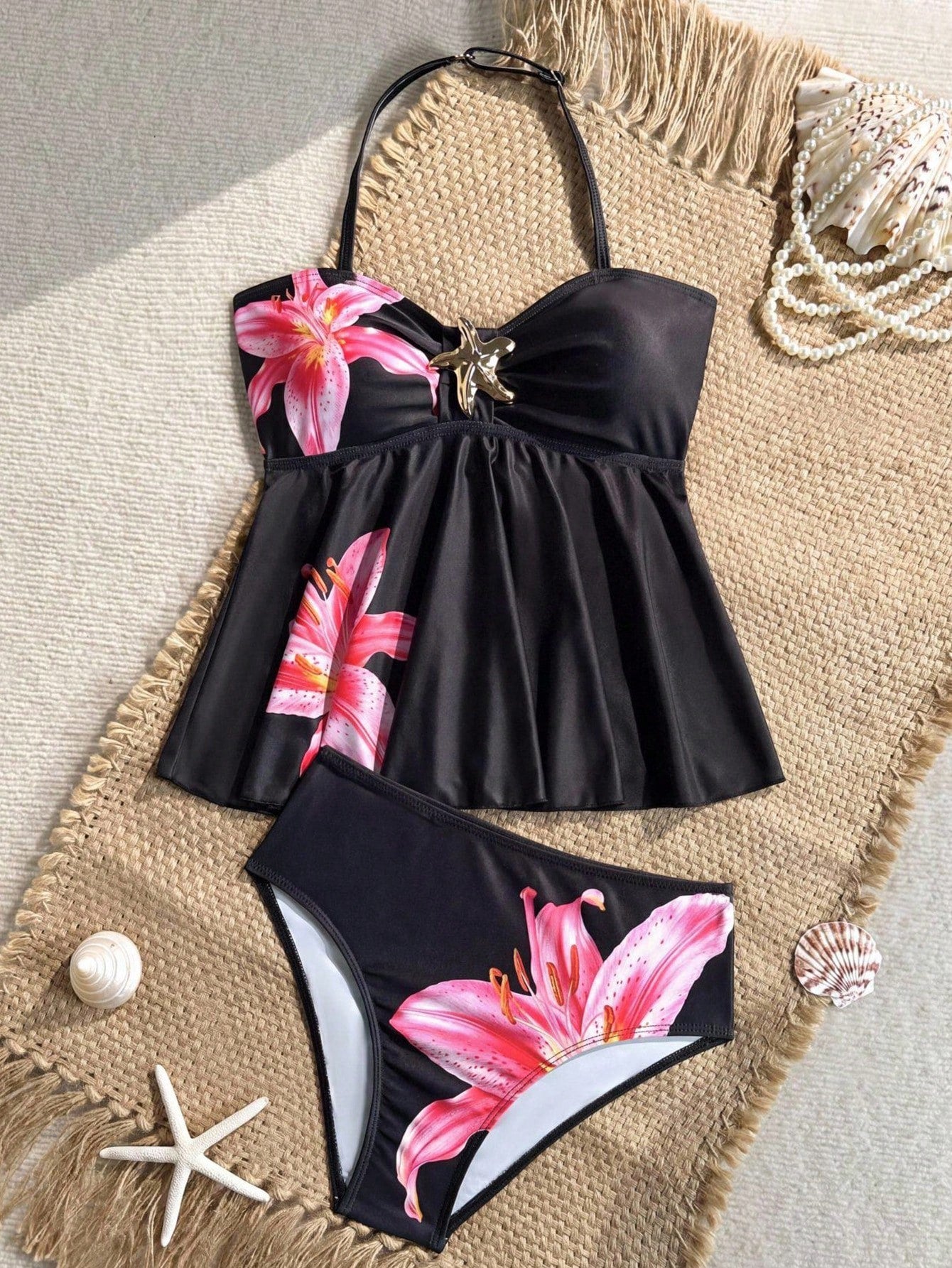 Tween Girl Tween Girl Textured Knit Apricot Halter Gold Shell Tankini Swimwear Set