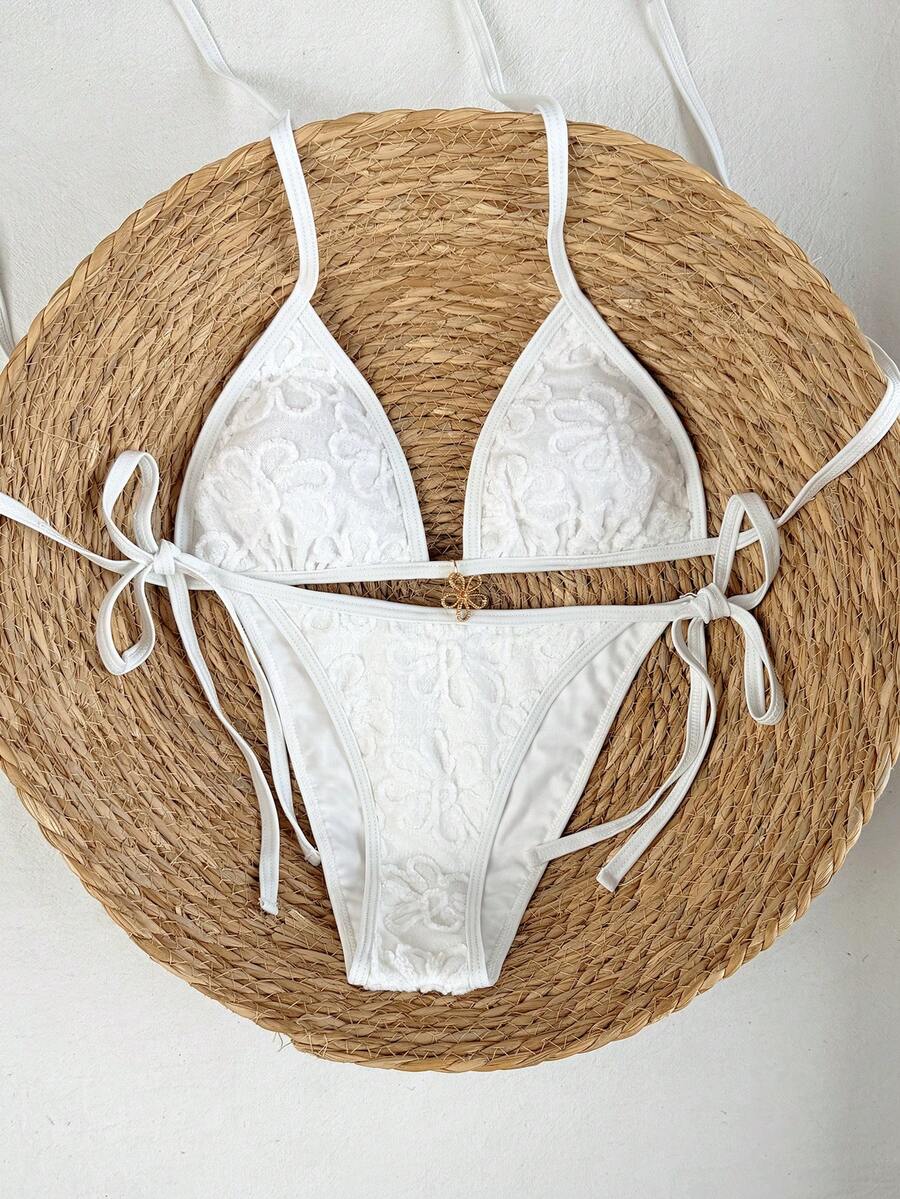 Women's apricot solid halter tie bikini top with triangle cups and matching tie-side swimsuit bottoms.