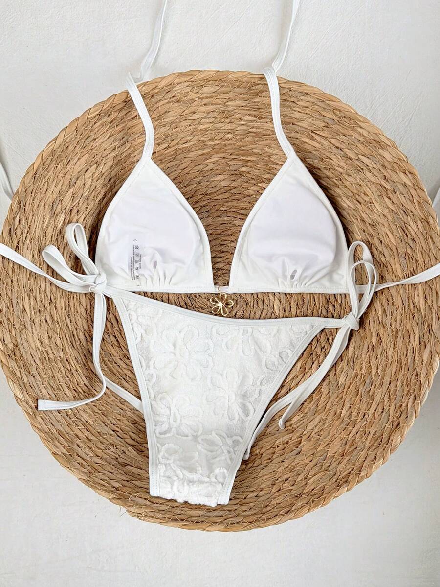 Women's apricot solid halter tie bikini top with triangle cups and matching tie-side swimsuit bottoms.